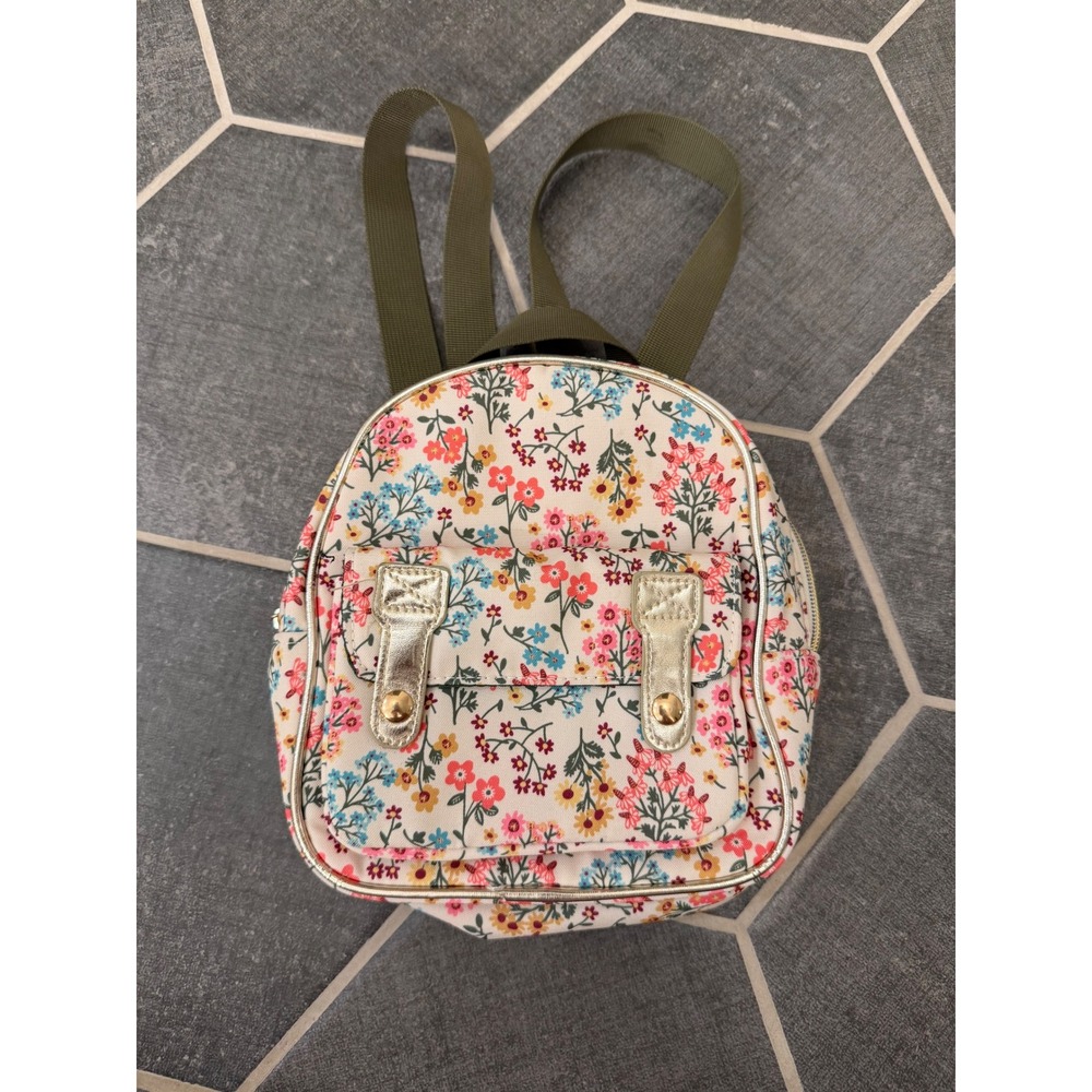 Claire's Girls Mini Backpack Floral Print Gold Accents Olive Green Straps 9 inch